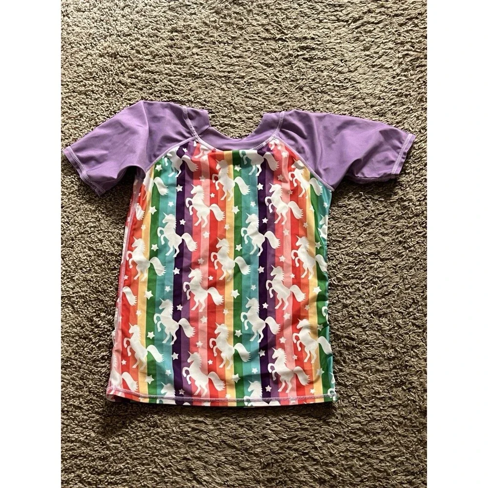 Girls Rash Guard SZ XL Short Sleeve Swim Beach Sun Unicorns Colorful Nylon